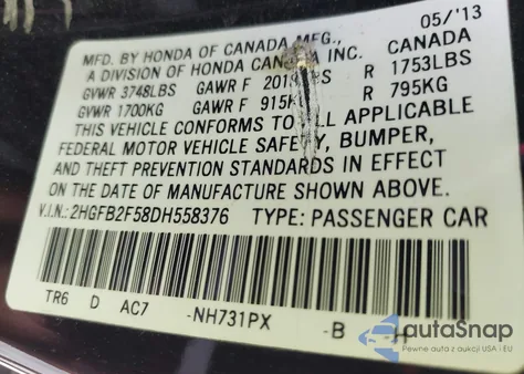 2013 Honda Civic Lx z USA, uszkodzony, nr VIN 2HGFB2F58DH558376